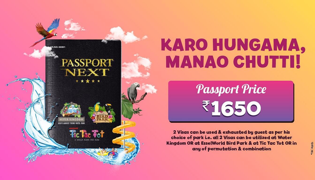 A banner for the Karo Hungama Manao Chutti offer at Water Kingdom, with an image of a passport, and the price and terms and conditions mentioned in the text